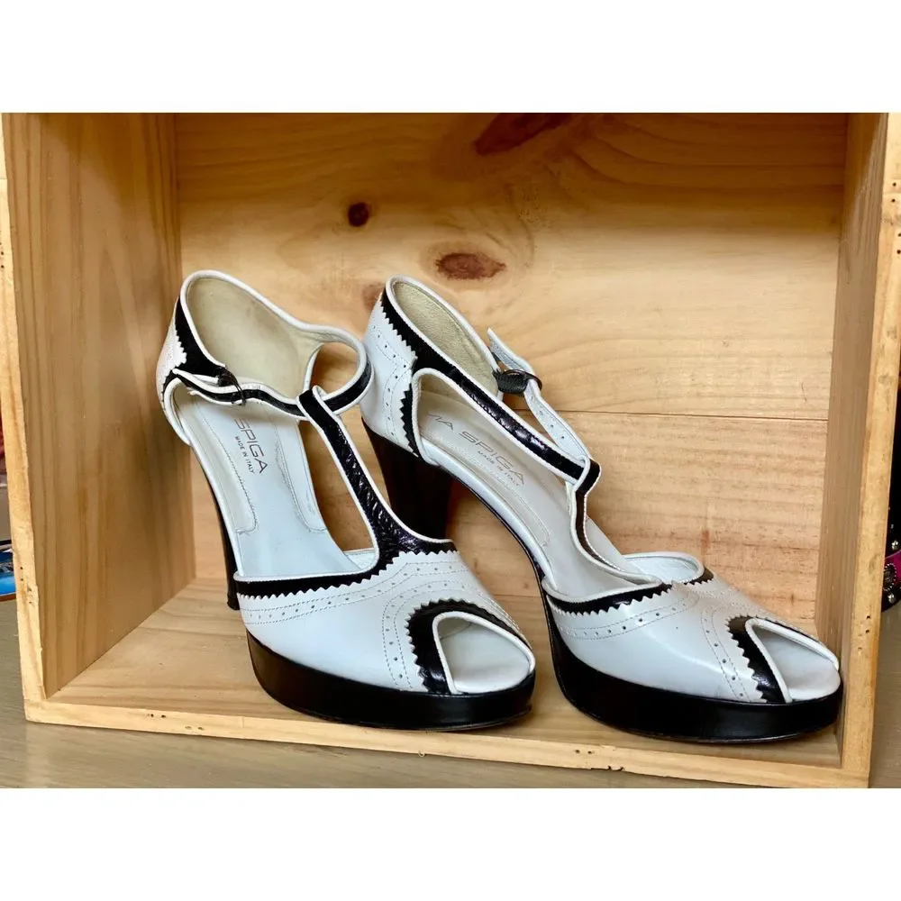 Via Spiga Leather B&W Spectator TStrap Peep Toe Platform Heel SZ 9 Made in Italy